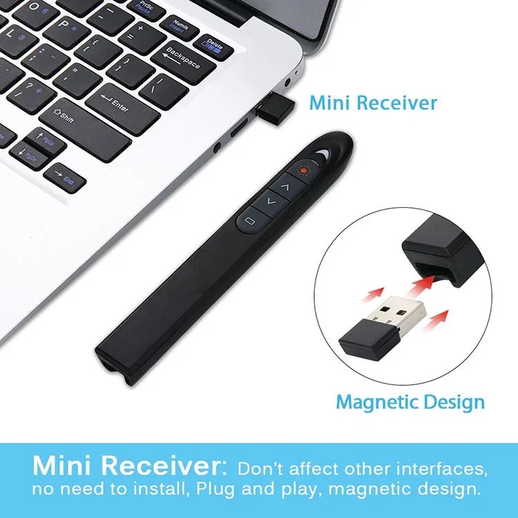 XM930 2.4GHz Wireless Laser PowerPoint Page Turning Pen Multimedia Wireless Presentation Projection Pen with USB Receiver, Support Low Battery Remind, Remote Control Distance: 100m, 100m White, 100m Black