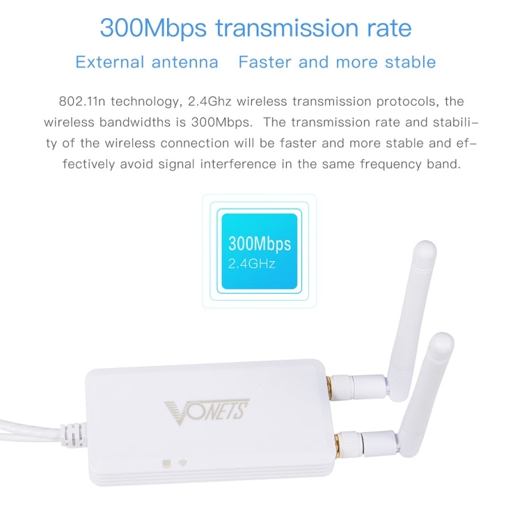جسر لاسلكي صغير VONETS VAP11S 2.4G مكرر واي فاي 300Mbps مع هوائيين، VAP11S