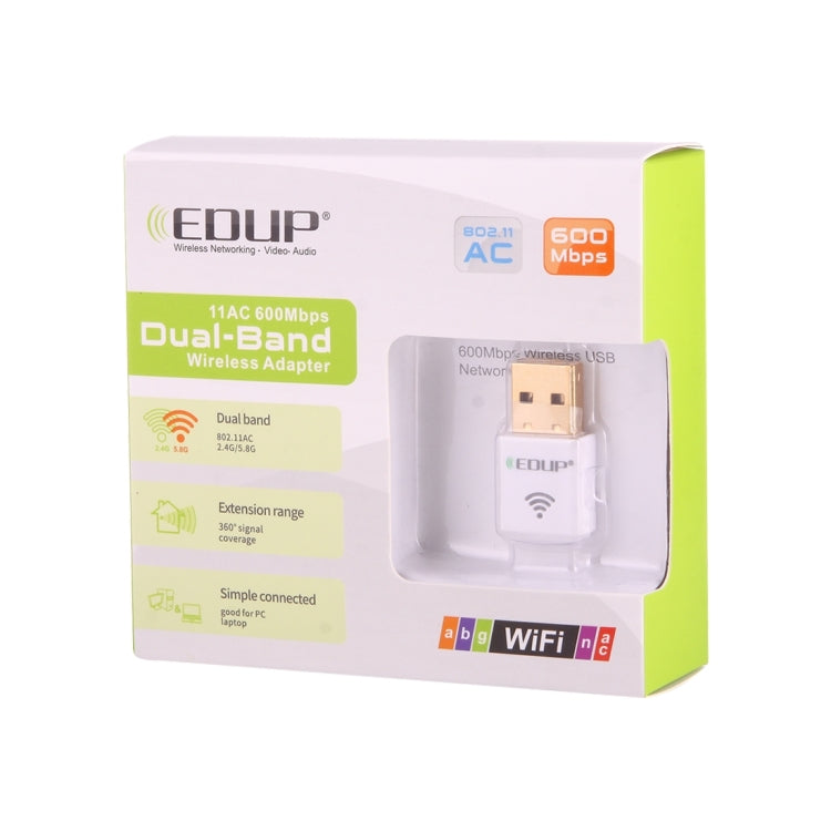 بطاقة شبكة واي فاي لاسلكية صغيرة EDUP EP-AC1619 USB بسرعة 600Mbps بتردد 2.4G / 5.8Ghz مزدوج النطاق 150M+433M للكمبيوتر المحمول / اللابتوب / الكمبيوتر، EP-AC1619 600Mbps (أبيض)، EP-AC1619 600Mbps (أسود)