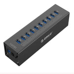 موزع USB 3.0 عالي السرعة من ORICO A3H10 من الألمنيوم مع 10 منافذ ومحول طاقة لأجهزة اللابتوب، 10 منافذ (فضي)، 10 منافذ (أسود)