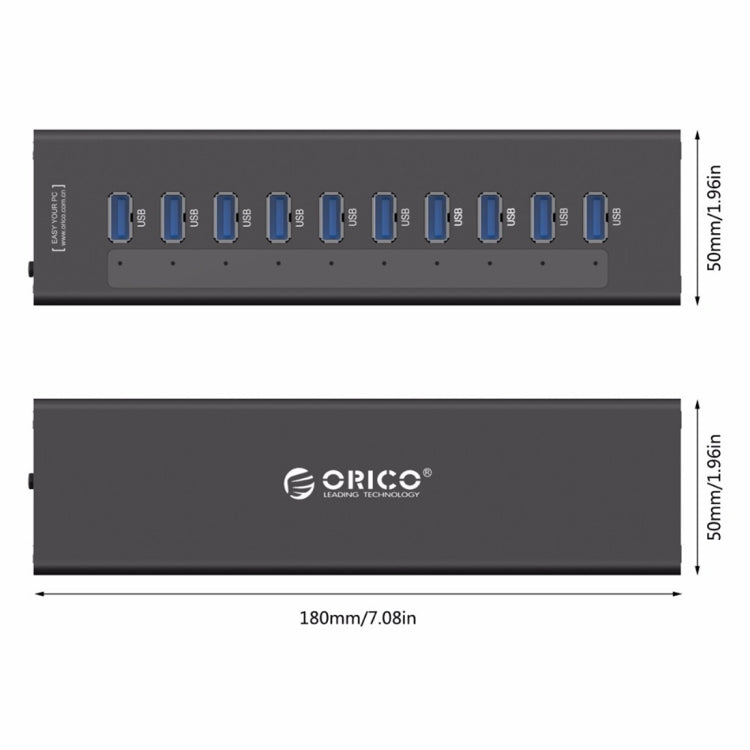موزع USB 3.0 عالي السرعة من ORICO A3H10 من الألمنيوم مع 10 منافذ ومحول طاقة لأجهزة اللابتوب، 10 منافذ (فضي)، 10 منافذ (أسود)