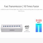 موزع USB 3.0 عالي السرعة من ORICO A3H10 من الألمنيوم مع 10 منافذ ومحول طاقة لأجهزة اللابتوب، 10 منافذ (فضي)، 10 منافذ (أسود)
