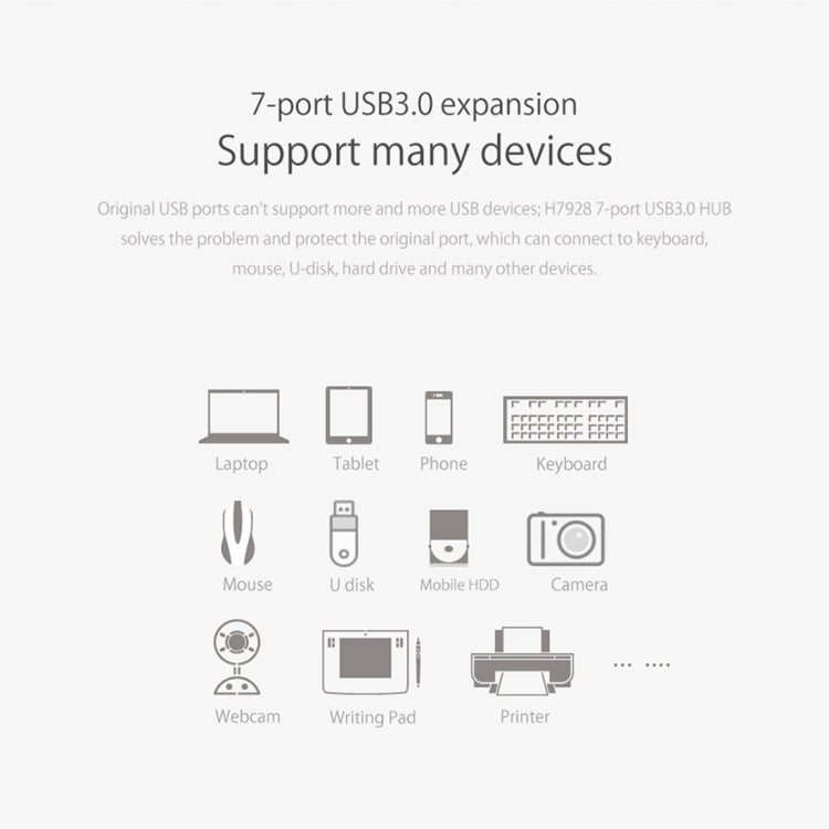 موزع USB 3.0 من ORICO H7928-U3 من مادة ABS مع 7 منافذ وكابل بطول 1 متر، USB 3.0