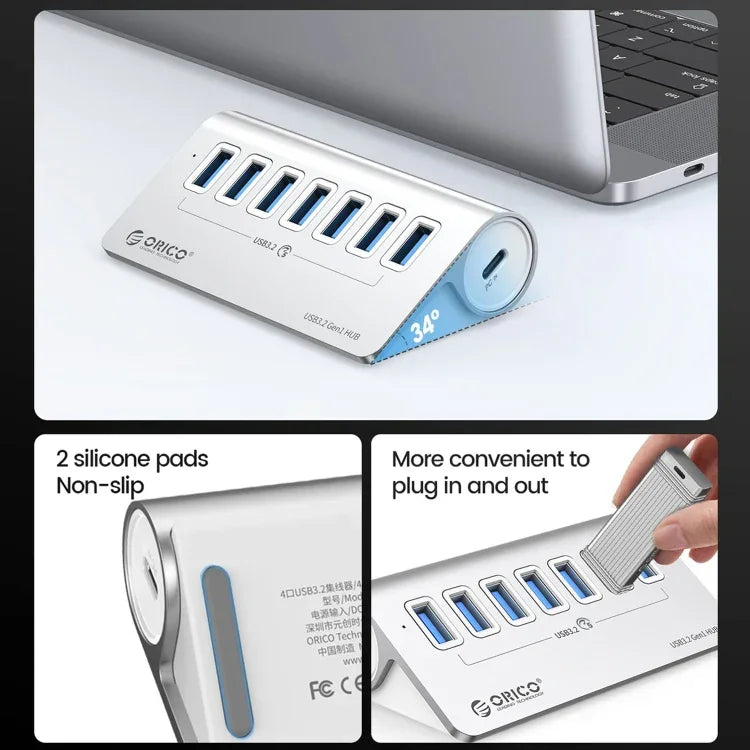 ORICO M3U7 موزع USB 3.2 Gen1 سباعي المنافذ من الألمنيوم مع كابل بطول 0.5 متر، M3U7 0.5م