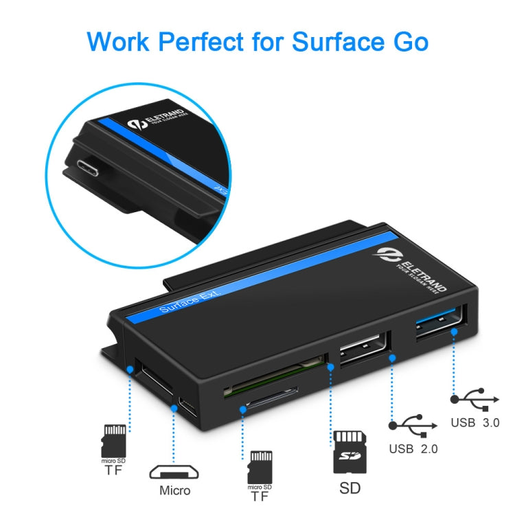 موزع واجهات ROCKETEK RT-SGO727 USB 3.0 + USB 2.0 + Micro USB لجهاز Microsoft Surface Go، مع فتحتي بطاقة TF وSD، RT-SGO727