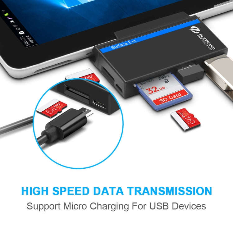موزع واجهات ROCKETEK RT-SGO727 USB 3.0 + USB 2.0 + Micro USB لجهاز Microsoft Surface Go، مع فتحتي بطاقة TF وSD، RT-SGO727