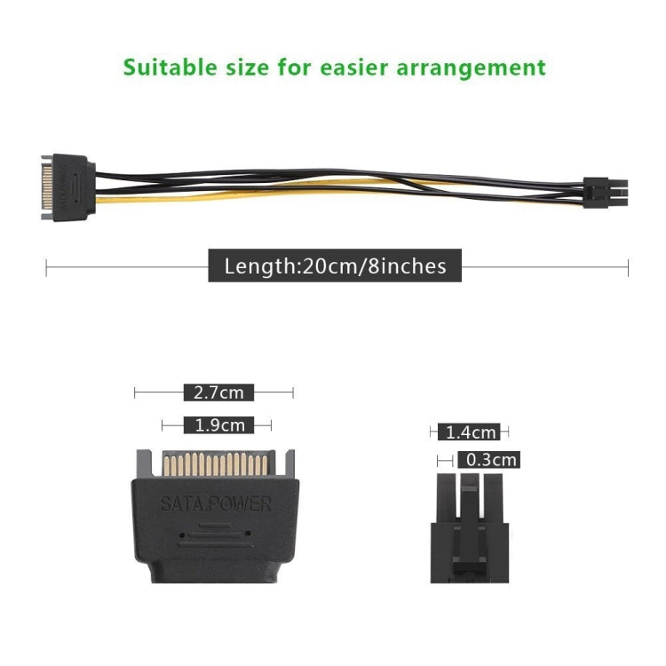 كابل طاقة ساتا 15 دبوس إلى 6 دبوس PCI إكسبريس لبطاقة فيديو رسومات بطول 20 سم، ساتا 15 دبوس إلى 6 دبوس أنثى