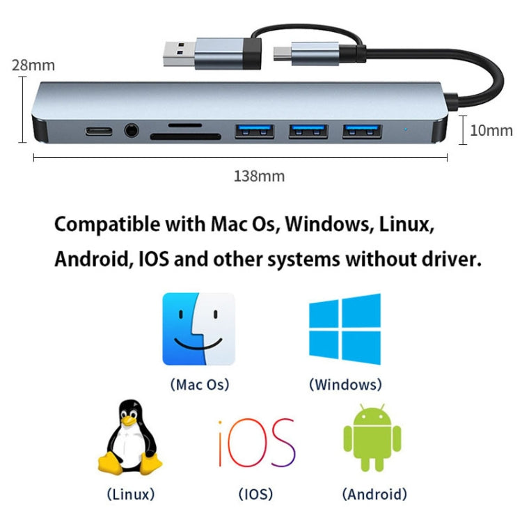 محطة إرساء متعددة الوظائف BYL-2218TU 8 في 1 USB + USB-C / Type-C إلى USB، BYL-2218TU
