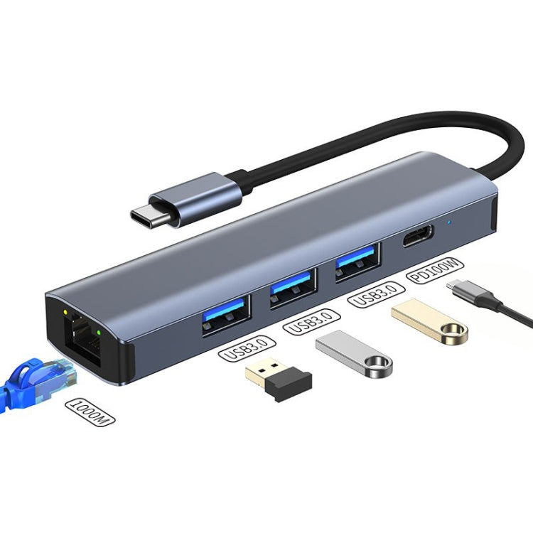 محطة إرساء متعددة الوظائف 5 في 1 USB-C / Type-C إلى USB مع منفذ شبكة 1000M، محول BYL-2302