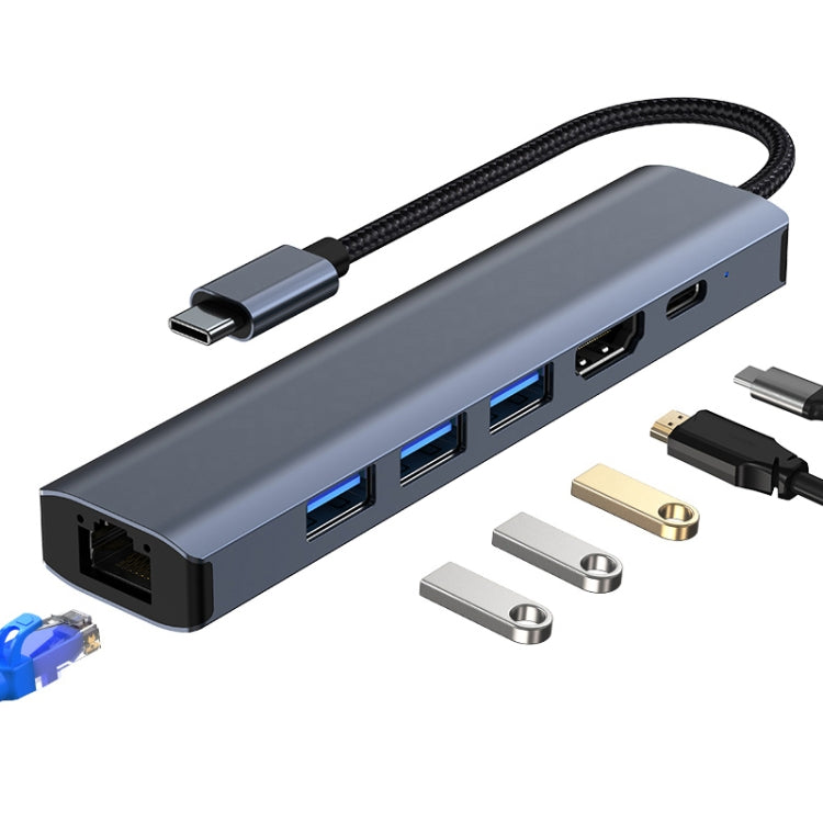 محطة إرساء متعددة الوظائف 6 في 1 USB-C / Type-C إلى USB مع منفذ شبكة 1000M، محول BYL-2210