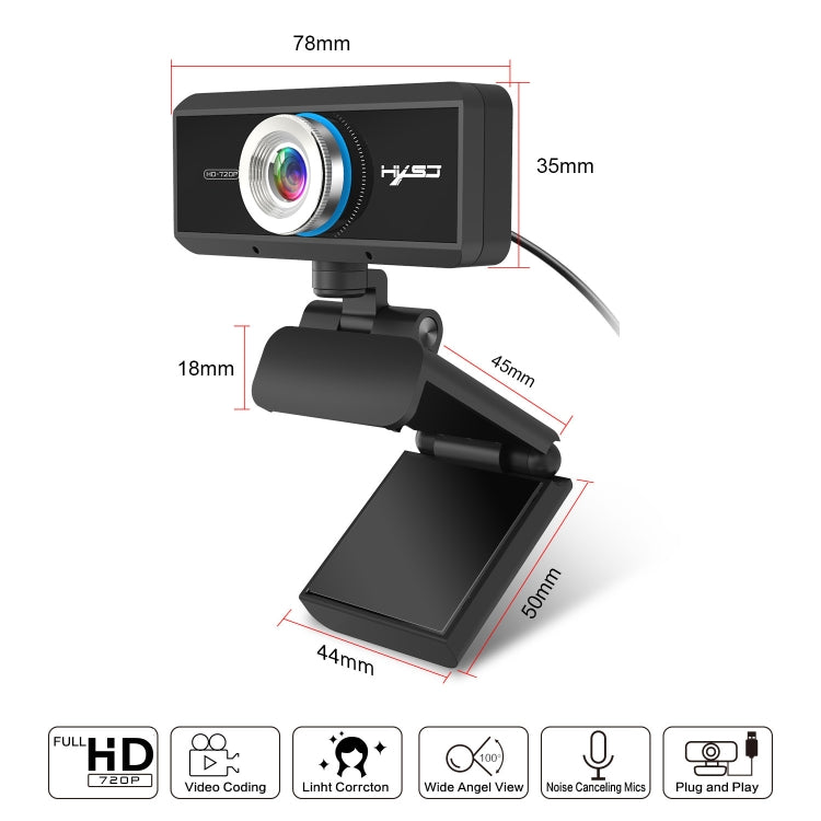 كاميرا ويب HXSJ S90 بدقة 1 ميجابكسل 720P HD بمعدل 30 إطارًا في الثانية لأجهزة الكمبيوتر المكتبية / المحمولة / تلفزيون أندرويد، مع ميكروفون يمتص الصوت بطول 8 أمتار، طول الكابل: 1.5 متر، S90