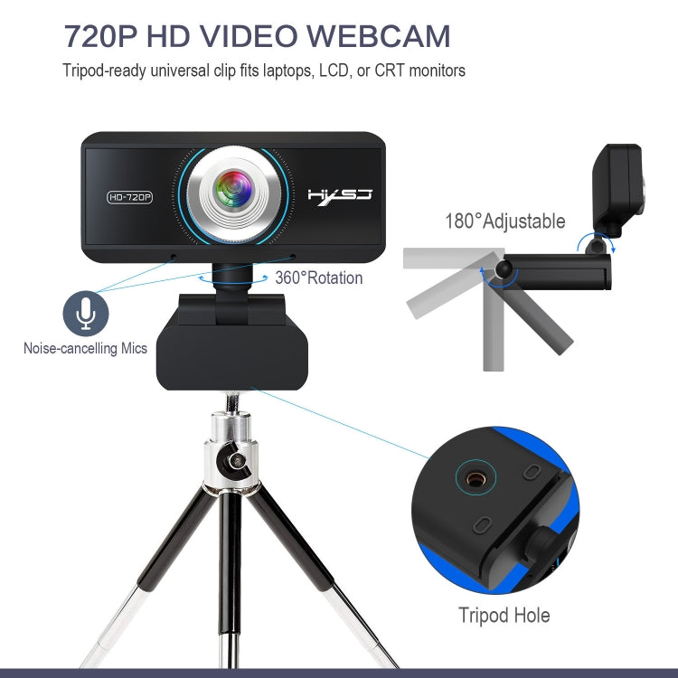 كاميرا ويب HXSJ S90 بدقة 1 ميجابكسل 720P HD بمعدل 30 إطارًا في الثانية لأجهزة الكمبيوتر المكتبية / المحمولة / تلفزيون أندرويد، مع ميكروفون يمتص الصوت بطول 8 أمتار، طول الكابل: 1.5 متر، S90