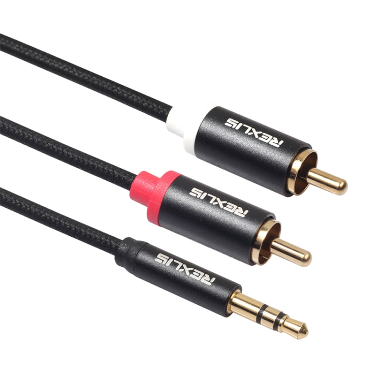 REXLIS 3635 كابل صوت مطلي بالذهب 3.5 مم ذكر إلى RCA مزدوج ذكر مضفر من القطن الأسود لمكبر صوت نشط بواجهة إدخال RCA، الطول: 1 م