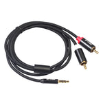 REXLIS 3635 كابل صوت مطلي بالذهب 3.5 مم ذكر إلى RCA مزدوج ذكر مضفر من القطن الأسود لمكبر صوت نشط بواجهة إدخال RCA، الطول: 1.8 م