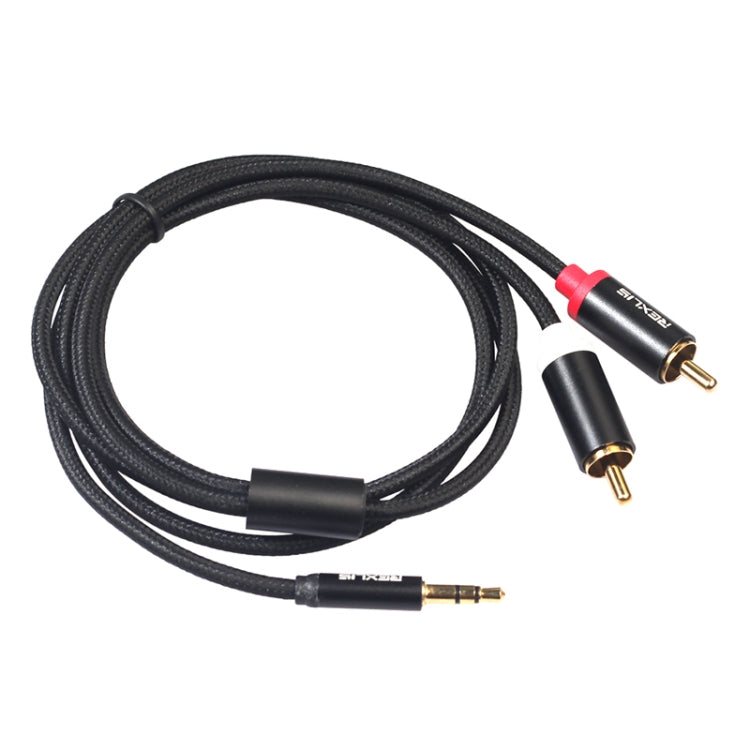 REXLIS 3635 كابل صوت مطلي بالذهب 3.5 مم ذكر إلى RCA مزدوج ذكر مضفر من القطن الأسود لمكبر صوت نشط بواجهة إدخال RCA، الطول: 1.8 م