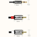 REXLIS 3635 كابل صوت مطلي بالذهب 3.5 مم ذكر إلى RCA مزدوج ذكر مضفر من القطن الأسود لمكبر صوت نشط بواجهة إدخال RCA، الطول: 1.8 م