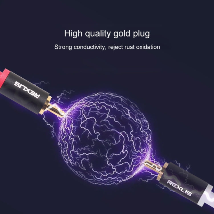 REXLIS 3635 كابل صوت مطلي بالذهب 3.5 مم ذكر إلى RCA مزدوج ذكر مضفر من القطن الأسود لمكبر صوت نشط بواجهة إدخال RCA، الطول: 1.8 م