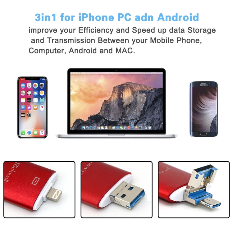 ذاكرة فلاش Richwell 3 في 1 بسعة 64 جيجابايت Type-C + 8 دبابيس + USB 3.0 مع غطاء معدني مزدوج ودفع وسحب مع وظيفة OTG