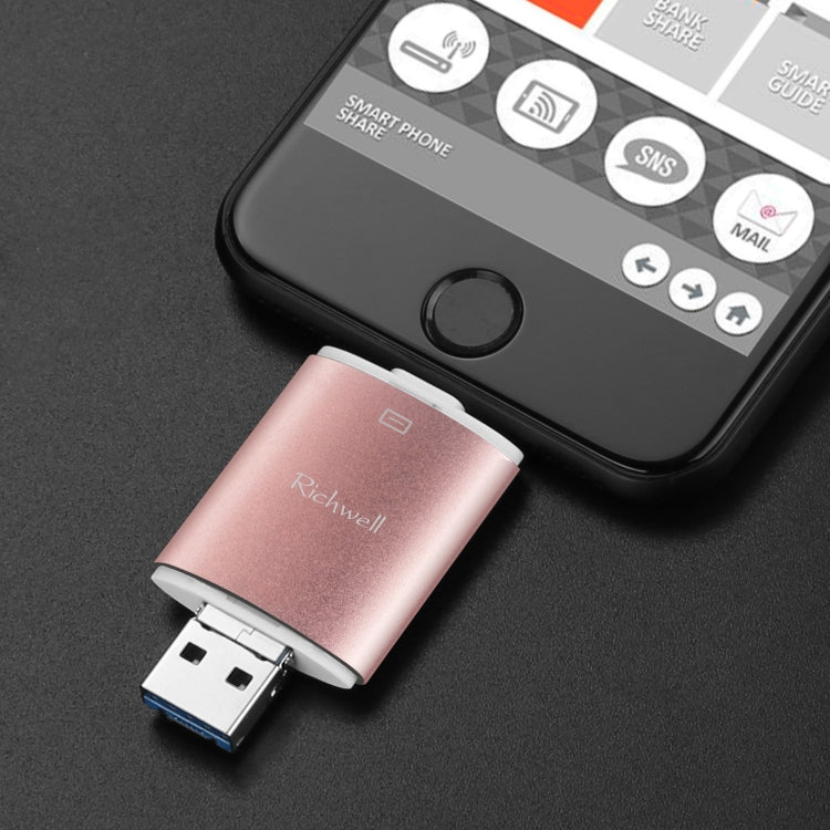 ذاكرة فلاش Richwell 3 في 1 بسعة 64 جيجابايت Type-C + 8 دبابيس + USB 3.0 مع غطاء معدني مزدوج ودفع وسحب مع وظيفة OTG