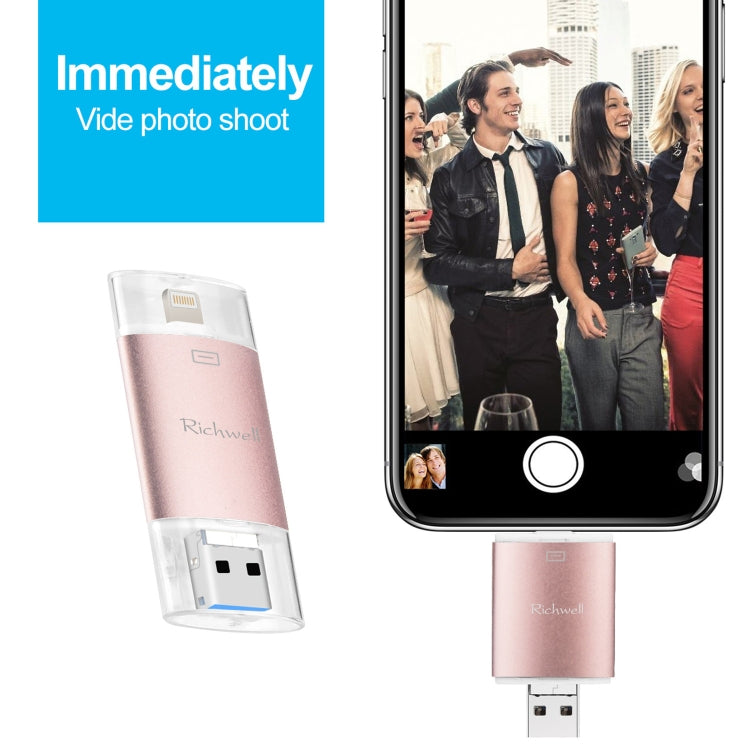 ذاكرة فلاش Richwell 3 في 1 بسعة 32 جيجابايت Type-C + 8 دبابيس + USB 3.0 مع غطاء معدني مزدوج ودفع وسحب مع وظيفة OTG