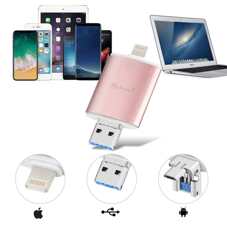 ذاكرة فلاش Richwell 3 في 1 بسعة 32 جيجابايت Type-C + 8 دبابيس + USB 3.0 مع غطاء معدني مزدوج ودفع وسحب مع وظيفة OTG
