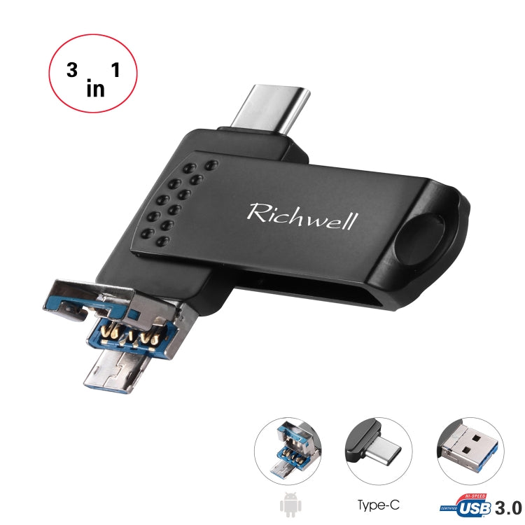 ريتشويل 3 في 1 فلاش ديسك معدني 16 جيجابايت Type-C + Micro USB + USB 3.0 مع وظيفة OTG