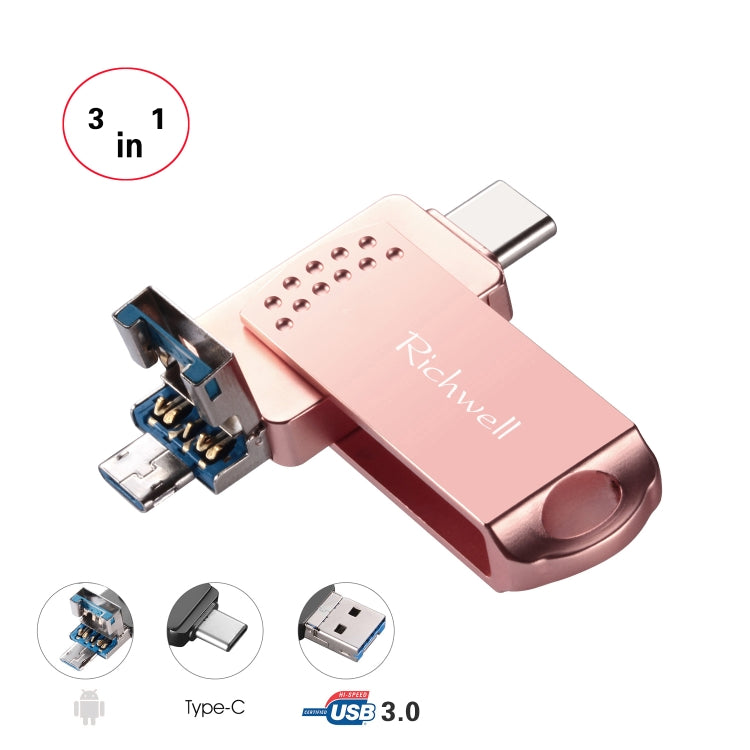 ريتشويل 3 في 1 فلاش ديسك معدني 16 جيجابايت Type-C + Micro USB + USB 3.0 مع وظيفة OTG