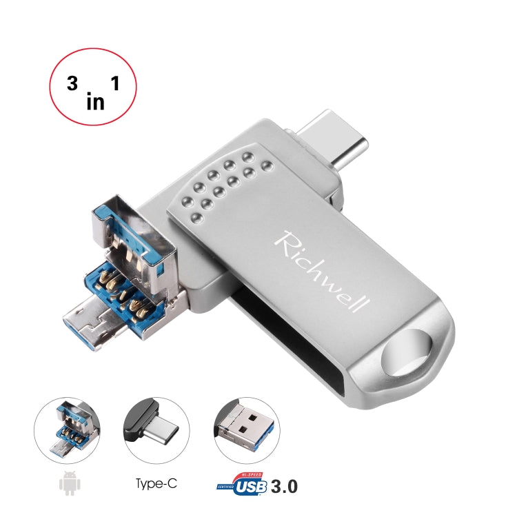 ريتشويل 3 في 1 فلاش ديسك معدني 16 جيجابايت Type-C + Micro USB + USB 3.0 مع وظيفة OTG