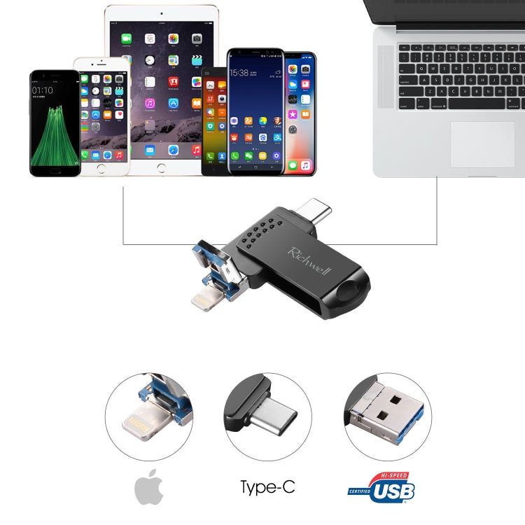 ريتشويل فلاش ديسك معدني 128 جيجابايت Type-C + 8 Pin + USB 3.0 مع وظيفة OTG