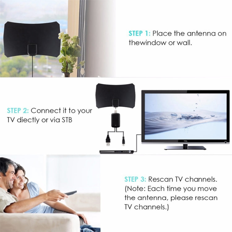 هوائي تلفاز رقمي HDTV داخلي عالي الكسب 25dBi بمدى 50 ميل مع كابل محوري 3 متر، 50 ميل 25dBi أسود