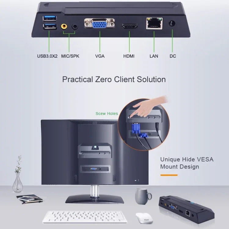 Zero Client R1W Mini PC, CORTEX QUAD A9 Quad Core up to 1.6GHz, RAM: 1GB, ROM: 8GB, Support WiFi, HDMI, VGA, RJ45, SPK, WiFi Version