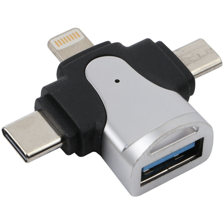 محول 3 في 1 من 8 دبابيس + USB-C / Type-C + Micro USB ذكر إلى USB 3.0 أنثى من سبائك الزنك