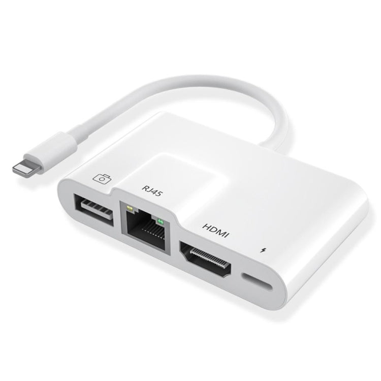 محول AV رقمي OTG 4 في 1 من 8 دبابيس ذكر إلى طاقة 8 دبابيس + RJ45 إيثرنت + HDMI + كاميرا USB أنثى، RJ45 إيثرنت