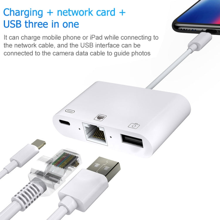 كابل محول فيديو رقمي NK-107 3 في 1 منافذ أنثى إيثرنت + USB + شحن 8 دبابيس إلى ذكر 8 دبابيس OTG
