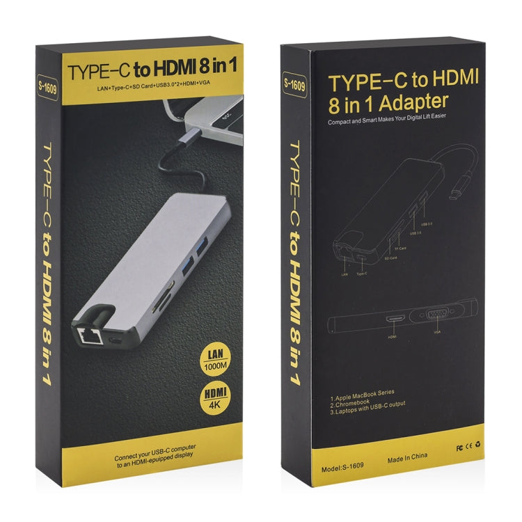 محول 8 في 1 من Type-C إلى HDMI + USB 3.0 + USB 3.0 + Type-C + LAN + VGA + قارئ بطاقات TF/SD