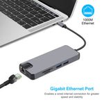 محول 8 في 1 من Type-C إلى HDMI + USB 3.0 + USB 3.0 + Type-C + LAN + VGA + قارئ بطاقات TF/SD