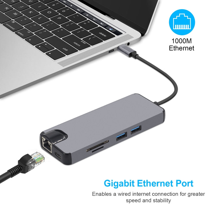 محول 8 في 1 من Type-C إلى HDMI + USB 3.0 + USB 3.0 + Type-C + LAN + VGA + قارئ بطاقات TF/SD