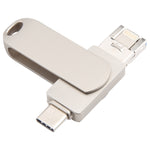 فلاش ديسك دوار معدني 3 في 1 بسعة 64 جيجابايت مع موصل Micro USB + 8 دبابيس + تايب-سي مع وظيفة OTG، 64G USB + 8 دبابيس + تايب-سي