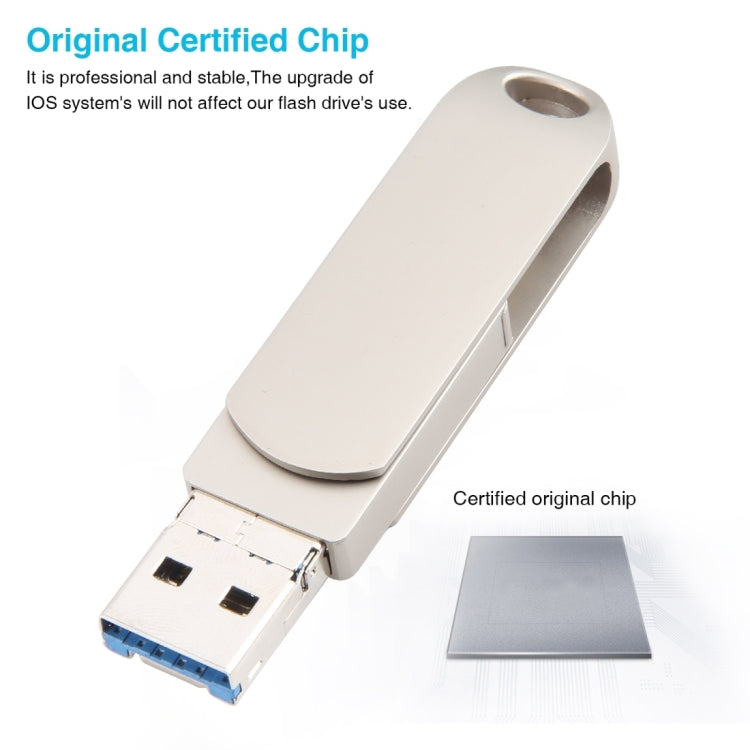 فلاش ديسك دوار معدني 3 في 1 بسعة 64 جيجابايت مع موصل Micro USB + 8 دبابيس + تايب-سي مع وظيفة OTG، 64G USB + 8 دبابيس + تايب-سي