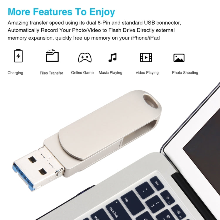فلاش ديسك دوار معدني 3 في 1 بسعة 64 جيجابايت مع موصل Micro USB + 8 دبابيس + تايب-سي مع وظيفة OTG، 64G USB + 8 دبابيس + تايب-سي