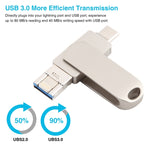 فلاش ديسك دوار معدني 3 في 1 بسعة 64 جيجابايت مع موصل Micro USB + 8 دبابيس + تايب-سي مع وظيفة OTG، 64G USB + 8 دبابيس + تايب-سي