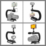 PULUZ U/C Shape Portable Handheld DV Bracket Stabilizer + LED Studio Light + Video Shotgun Microphone Kit with Cold Shoe Tripod Head  for All SLR Cameras and Home DV Camera, Bracket Kits + Mic + LED