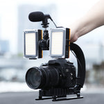 PULUZ U/C Shape Portable Handheld DV Bracket Stabilizer + LED Studio Light + Video Shotgun Microphone Kit with Cold Shoe Tripod Head  for All SLR Cameras and Home DV Camera, Bracket Kits + Mic + LED