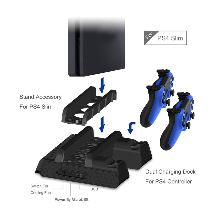 DOBE TP4-882 3 in 1 Game Console Cooling Fan + Game Storage Slots + Game Controller Charging Dock for Sony PS4 / PS4 Pro / PS4 Slim, For PS4 / PS4 Pro / PS4 Slim
