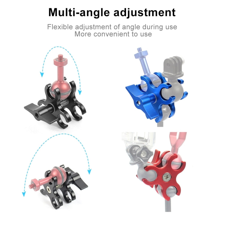PULUZ Triple Ball Clamp Open Hole Diving Camera Bracket CNC Aluminum Spring Flashlight Clamp for Diving Underwater Photography System, Triple Ball Open Hole(Red)