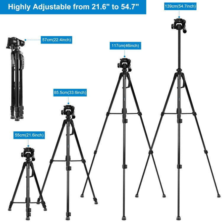 PULUZ Aluminum Selfie Live Tripod Mount with Three-dimensional Head & Phone Clamp, Adjustable Height: 55-139cm