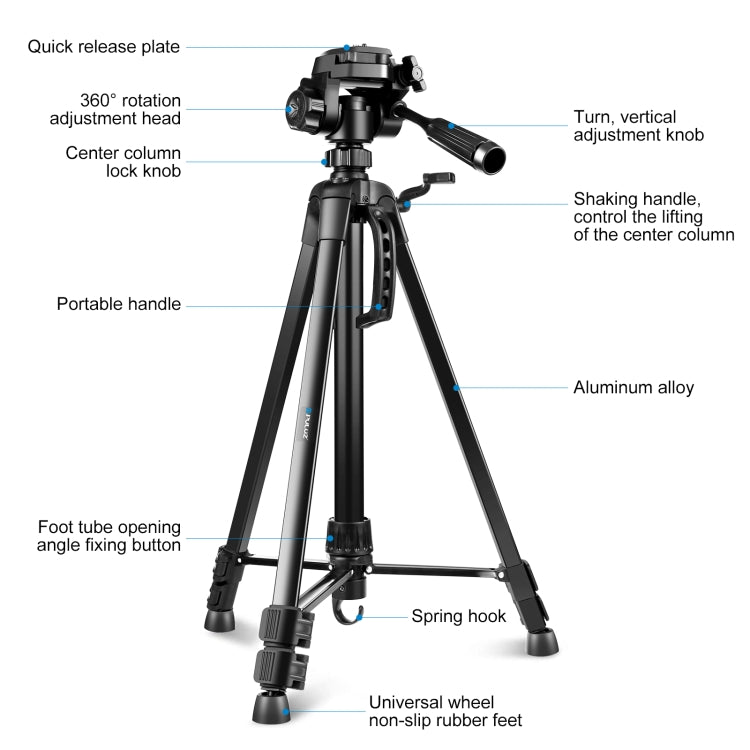 PULUZ Aluminum Selfie Live Tripod Mount with Three-dimensional Head & Phone Clamp, Adjustable Height: 55-139cm