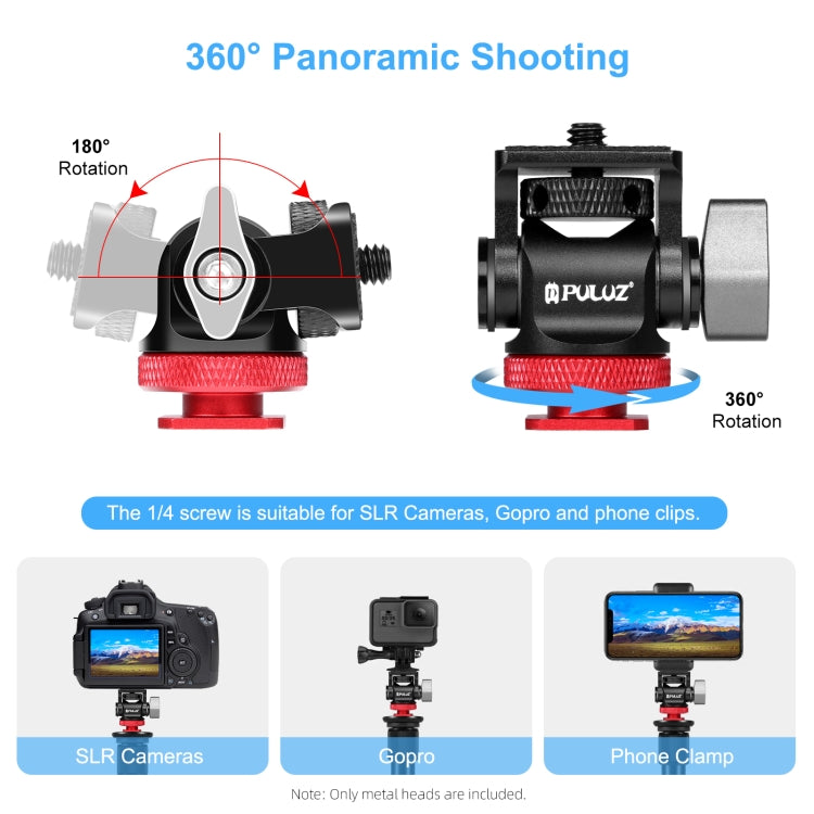 PULUZ Mini 180 Degree Swing Tripod Ball Head Cold Shoe Mount Adapter, Mini 180 Degree Ball Head(Red), Mini 180 Degree Ball Head(Silver)
