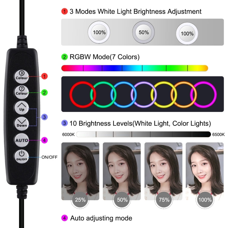 PULUZ حلقة إضاءة LED RGBW قابلة للتعتيم بقياس 6.2 بوصة 16 سم USB مع 10 أوضاع و8 ألوان للتصوير الفوتوغرافي والفيديو مع رأس كرة حامل ثلاثي القوائم، 6.2 بوصة RGBW