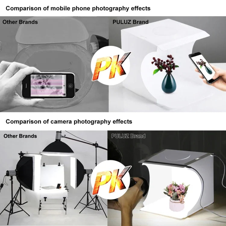 PULUZ 20cm Include 2 LED Panels Folding Portable 1100LM Light Photo Lighting Studio Shooting Tent Box Kit with 6 Colors Backdrops (Black, White, Yellow, Red, Green, Blue), Unfold Size: 24cm x 23cm x 23cm, 20cm(2 LED/RU), 20cm(2 LED)